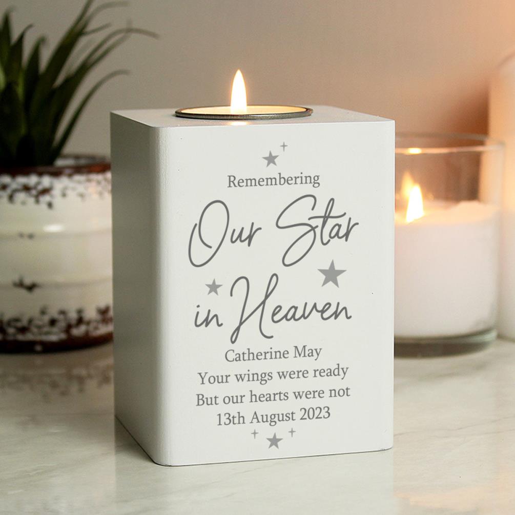 Personalised Our Star In Heaven White Wooden Tea Light Holder £13.49